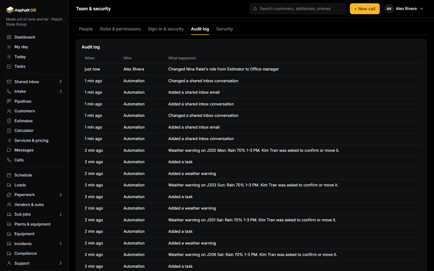 Team and security, Audit log tab: the history of changes, newest first, each with when, who and what happened in plain words.