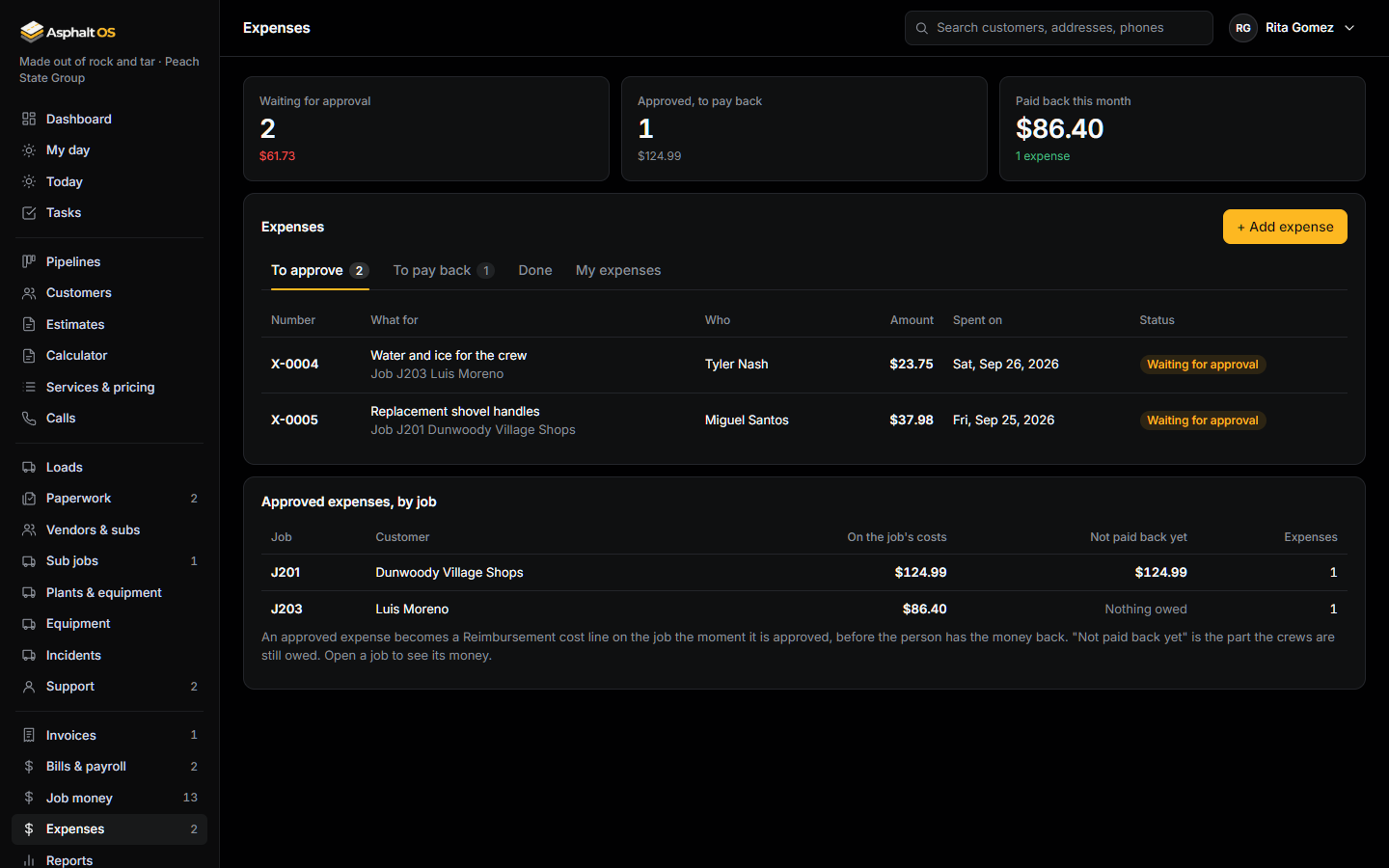 The Expenses page: expenses waiting for approval with the receipt, the amount, what it was for, the job and who sent it, and the Approve and Decline buttons.