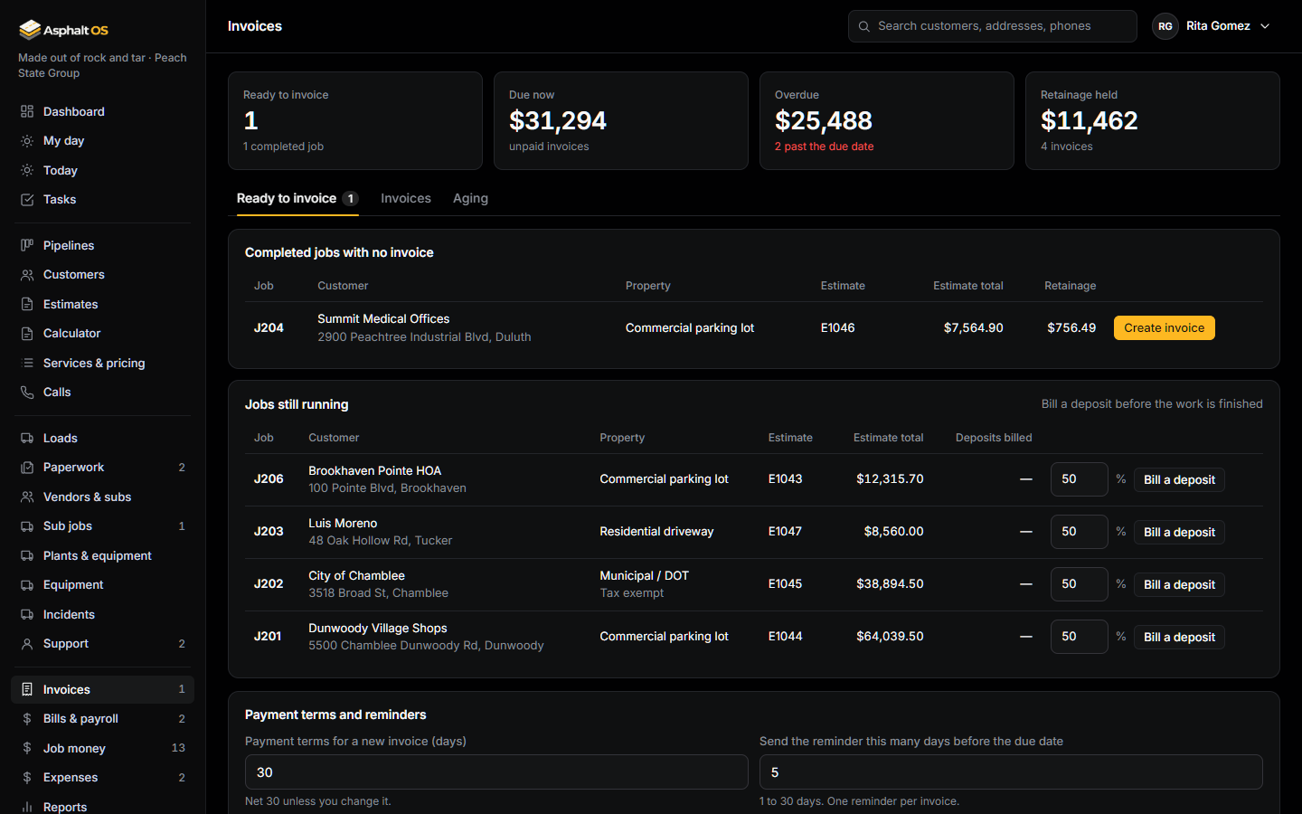 The Invoices page: Ready to invoice, Due now, Overdue and Retainage held counts, and the list of invoices with their statuses.
