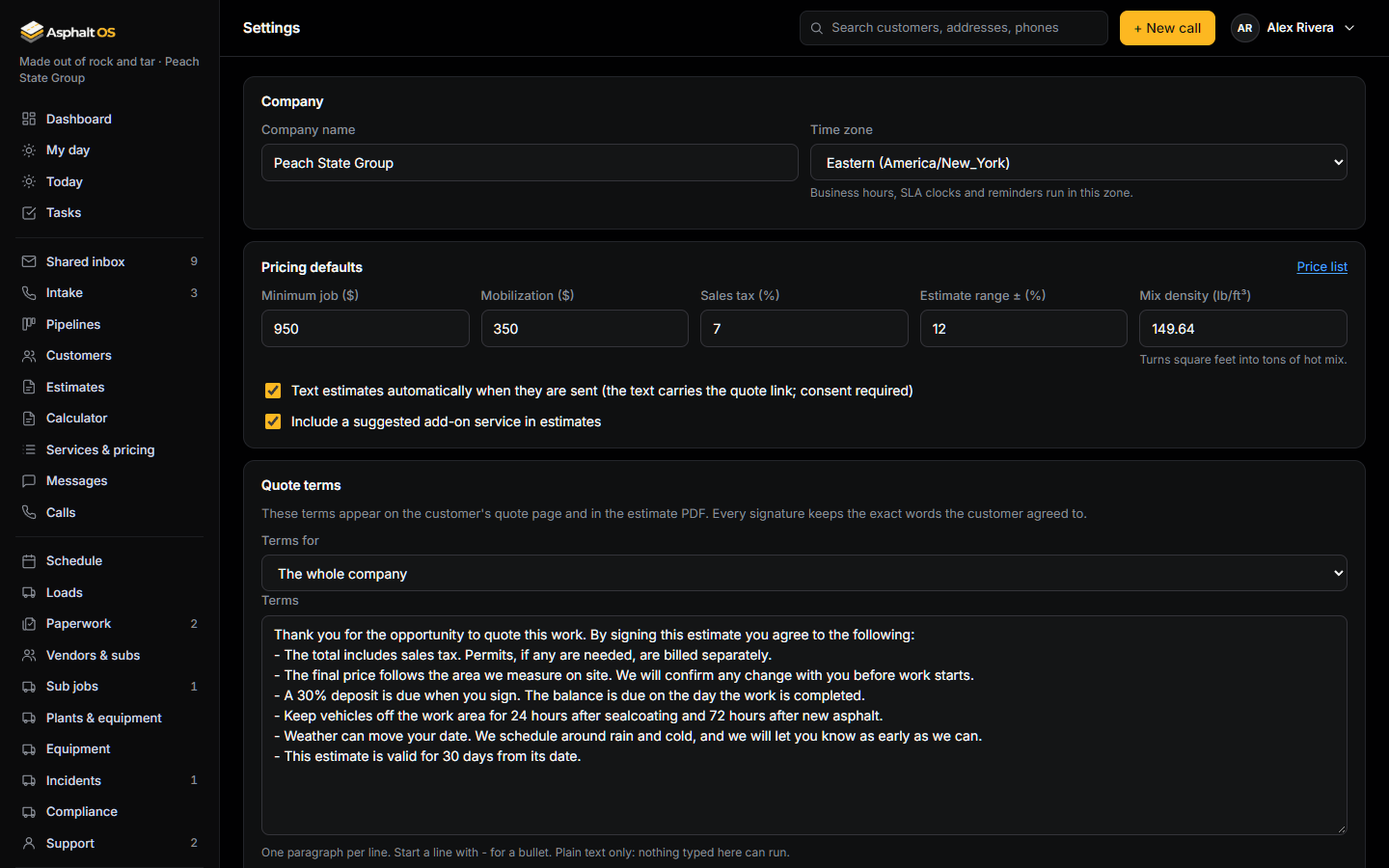 The Settings page: the company card, pricing defaults, reminders, the weather limits and the company mailbox card.