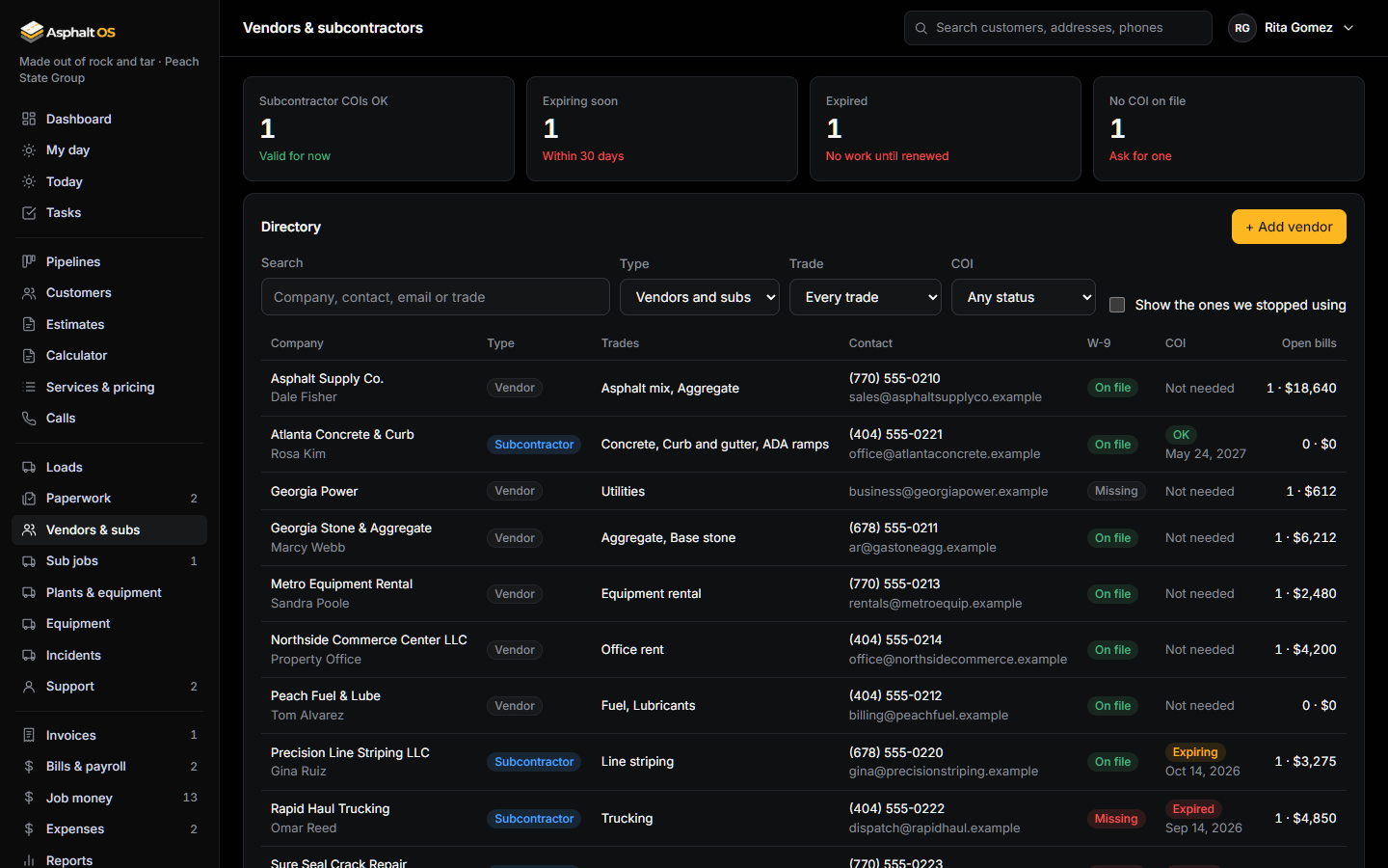 The Vendors and subcontractors page: counts of subcontractor COIs that are OK, expiring, expired or missing, and the directory with type, trades, contact and COI status.